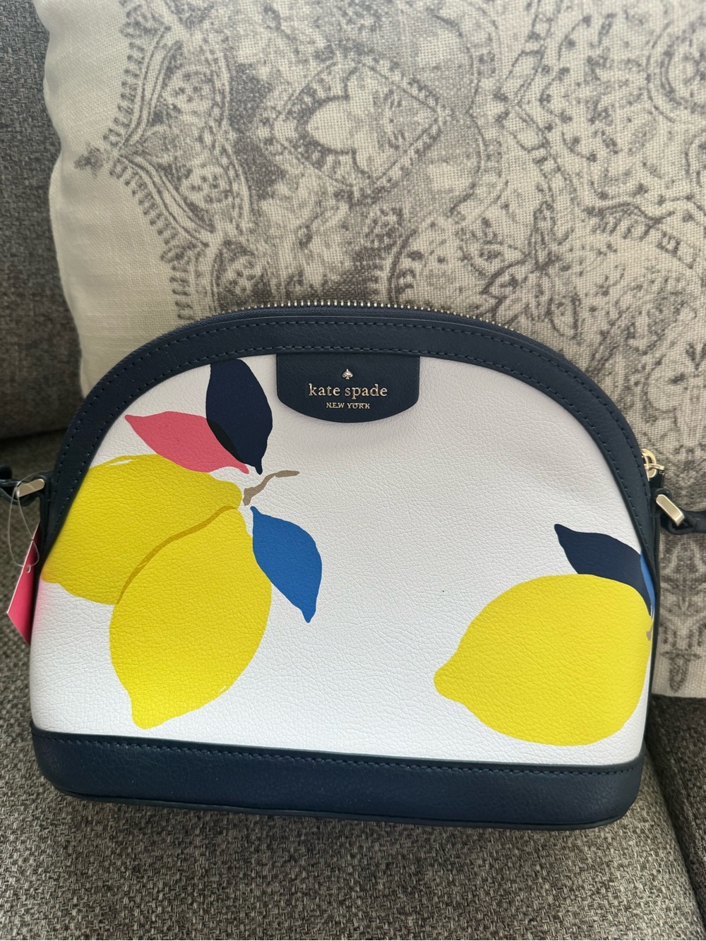 kate spade White Lemon Print Dome Crossbody with Navy Trim